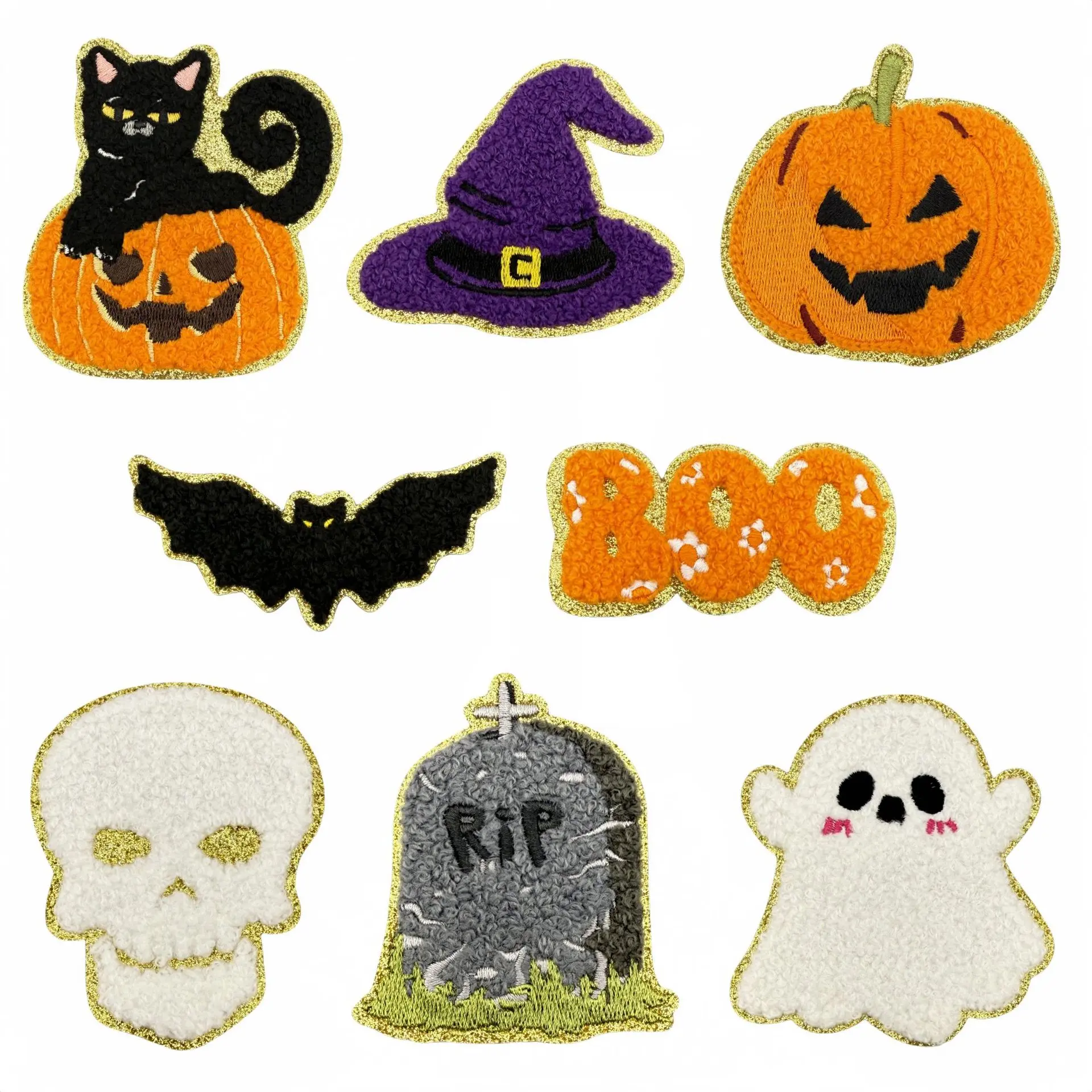 8PCS Polyester Easy Iron-On Halloween Pumpkin Chenille Patches with Glitter Accents - Halloween Motifs (Ghost, Boo, Skull, Witch, Bat) Embroidered Appliques for Kids, Versatile for All Fabrics (Clothes, Hats, Jackets); Classroom Activity Party Favors, Iro