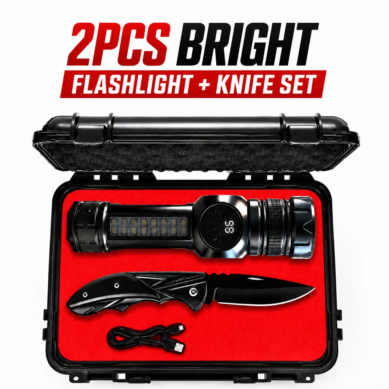 2PCS Rechargeable LED Flashlight & Folding Pocket Knife Set, Bright Zoomable Flashlight with Side Light, Durable Pocket Knife with Sturdy Blade & Textured Grip, Outdoor Camping Gear, Emergency Preparedness Kit, Practical Cool Gift for Men