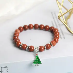 Christmas Tree Crystal Bracelet 8MM Beads with Green Tree Charm DIY Natural Stone Jewelry for Festive Gifts