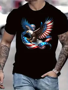 Men'S Plus Size Heavyweight Patriotic Bald Eagle & American Flag Graphic T-Shirt - Crew Neck Short Sleeve, All-Season Comfort, Machine Washable, Ideal for 4th of July, Independence Day & Everyday Casual Wear - Red & Eagle Design with Bald Eagle & Fl