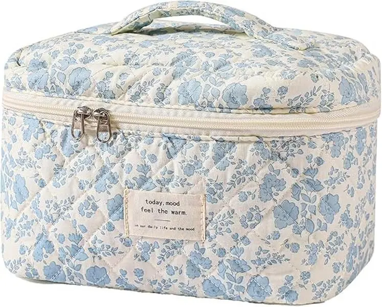 Large Travel Quilted Makeup Bag for Women, Floral Cotton Cosmetic Bag, Coquette Aesthetic Floral Toiletry Organizer Bag