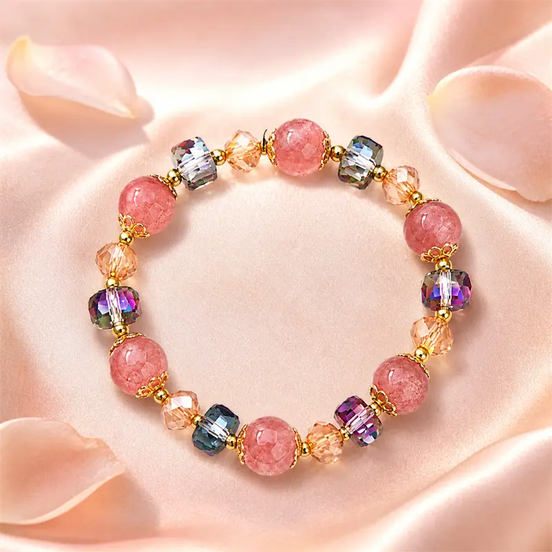 Women's Strawberry Crystal Bracelet - Glass Beads, Polished Spacers, Lightweight Elegant Costume Jewelry for Casual Wear & Layered Look