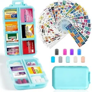 14 Grids Travel Pill Organizer Box with 415-Pcs Medicine Name Labels - Pocket Daily Pharmacy Case Container Kit - Travel Medication Holder Dispenser