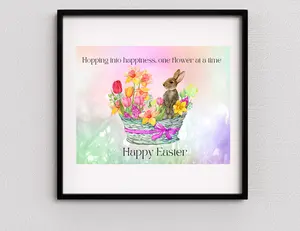 Hopping into Easter one flower at a time, Easter wall art. one bunny in a basket full of bright beautiful colors