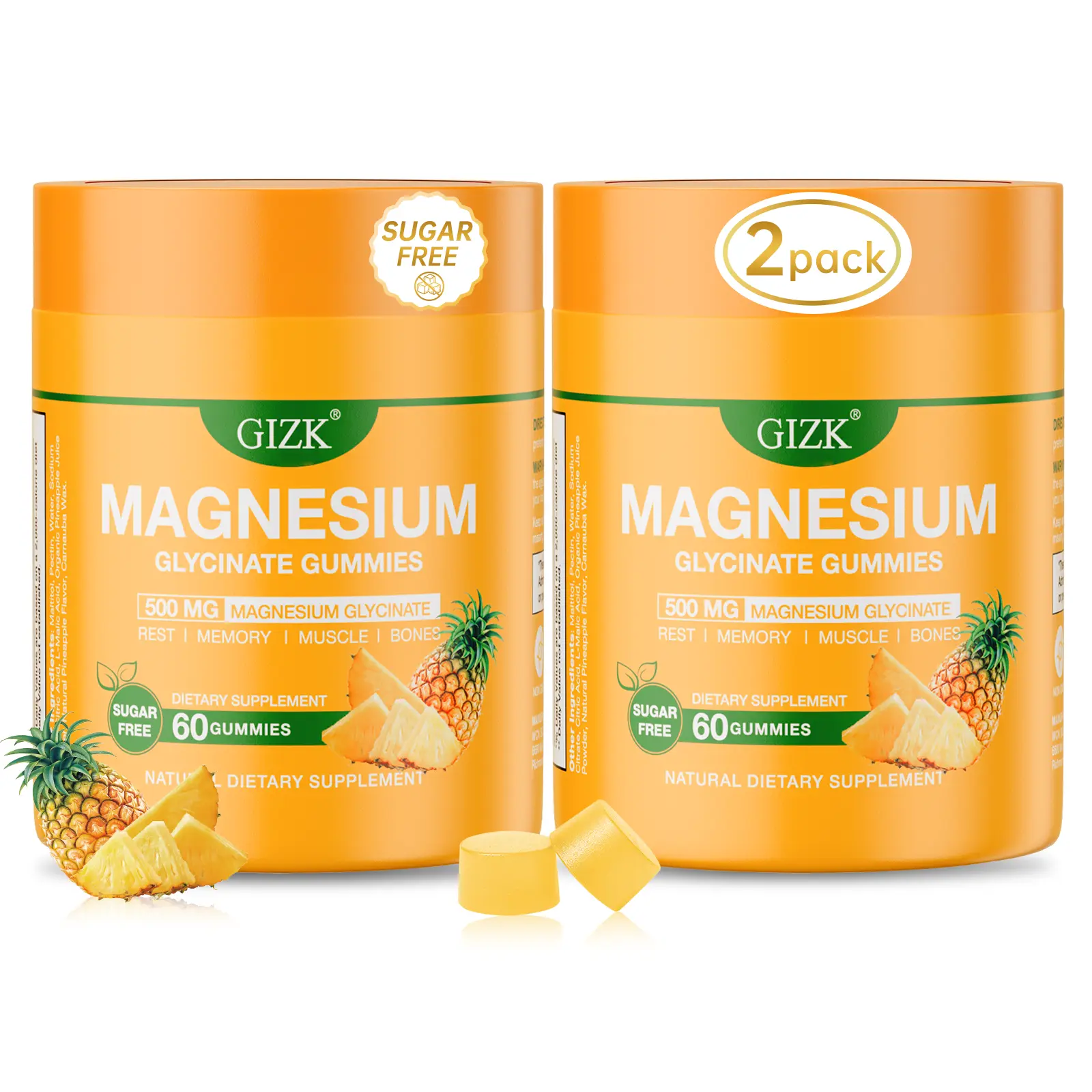2-PACKS Magnesium Glycinate Gummies 500mg – Sugar Free Magnesium Gummies for Sleep, Stress, Muscle & Nerve Support – for Adults & Kids 4+, Vegan, No Melatonin (Pineapple Flavor, 60 Count)