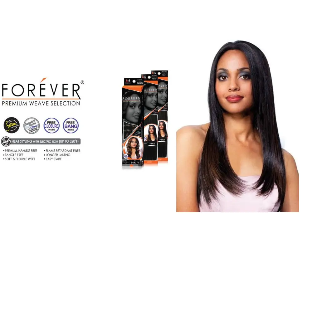 Bobbi Boss Forever Premium Silky Yaki Straight HD Synthetic Hair Weave Bundles - 22-inch Long, Free Closure, Quick Weave Extensions