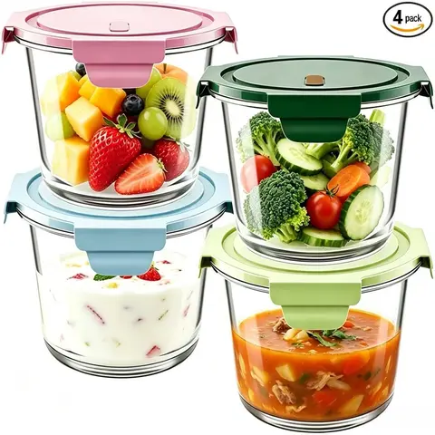 4-Pack 3-Cup Size (24 oz) BPA-Free Glass Meal Prep Jars with Airtight Lids - Airtight Reusable Containers, Wide Mouth Stackable Canisters for Lunches, Snacks; Prep, Store, Reheat in 1 Jar, Glass Jars