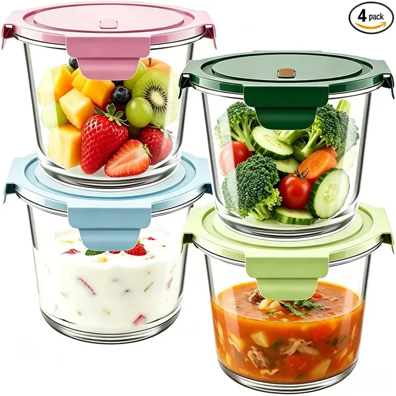 4-Pack 3-Cup Size (24 oz) BPA-Free Glass Meal Prep Jars with Airtight Lids - Airtight Reusable Containers, Wide Mouth Stackable Canisters for Lunches, Snacks; Prep, Store, Reheat in 1 Jar, Glass Jars