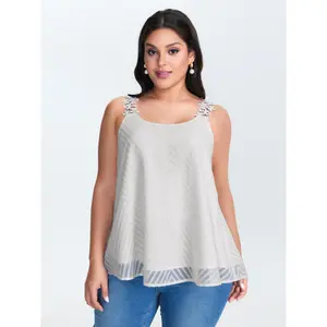 BLOOMCHIC Women's Plus Size Lace Trim Flowy Polyester Tank Top - Casual Lady's Garment with Smooth Fabric Great Fit Patchwork Detail M-6X Womenswear White 2026 Summer Vibes Swimweek