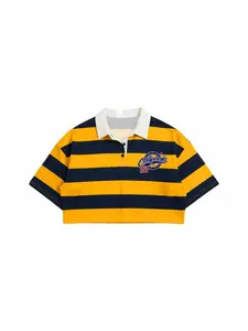 Vintage Colorblock Striped Short Cropped Polo Shirt, High Waist Loose Fit Half Sleeve Street Style Top, Women's Fashion Casual Wear