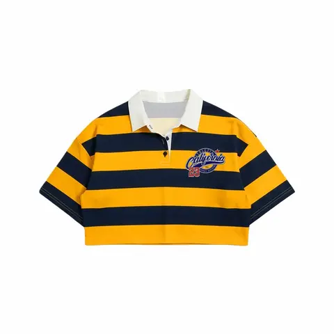 Vintage Colorblock Striped Cropped Polo Shirt, Casual Polo Shirts, Fashion Street Style Loose Fit Half Sleeve, Women's Casual Streetwear for Daily Wear