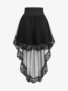 Rosegalette Women's Steampunk Retro Gothic Pleated Asymmetric Hi-Low Lace Party Skirt with Lace-up Waist & Sheer Mesh for Elegant Parties - Adjustable, Womenswear