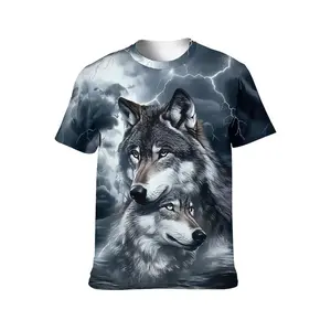 Unisex 3D Printed Two Wolves & Lightning Storm Graphic T-Shirt, Casual Short Sleeve Tee for Daily Wear, Outdoor Adventures, Ideal Gift for Wolf & Nature Enthusiasts