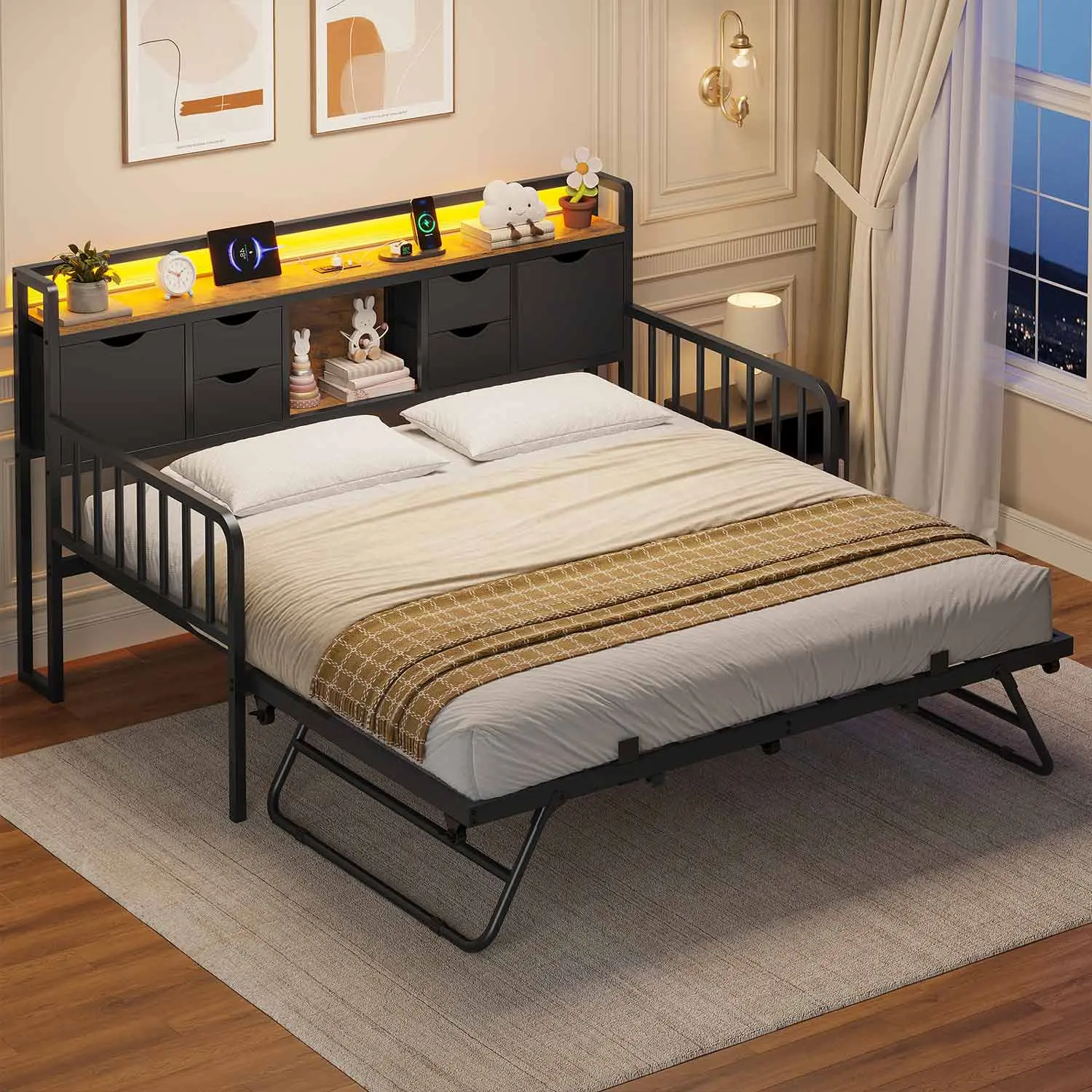 Twin Daybed with Trundle with Storage Headboard & Charging Station Black