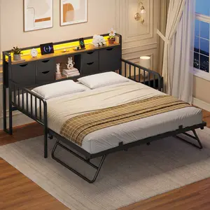 Twin Daybed with Trundle with Storage Headboard & Charging Station Black