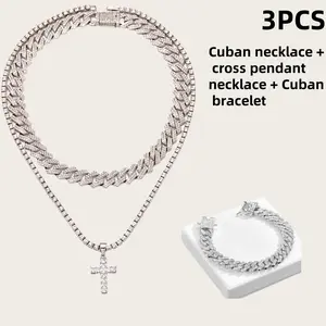 Cuban Necklace + Cross Pendant + Cuban Bracelet Set - Fashion Accessories for Parties and Special Occasions, Ideal for Halloween and Christmas Gifts Casual Everyday Wear