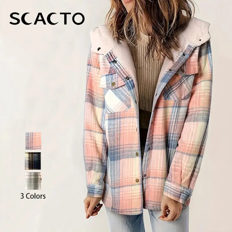 Scacto Women's Plaid Jacket Hooded Coat Hoodies Casual Mufti Clothes Autumn Winter New Style Retro Loose Shirt Wadded Jacket Sweater Knitwear Long Sleeves Soft Vintage Fitted Tweed Blazer Womenswear Tops Outerwear,sohochic