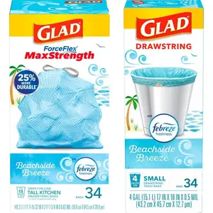 Glad 4 Gal. Plus 13 Gal. Beachside Breeze Scent Household Trash Bag Bundle, Continuous Odor Control for Kitchen and Home, Durable Drawstring for Secure Fit and Easy Carry, Ideal for Small Cans, Bathrooms, Offices, and Car Trash, Fresh Scented, Leak