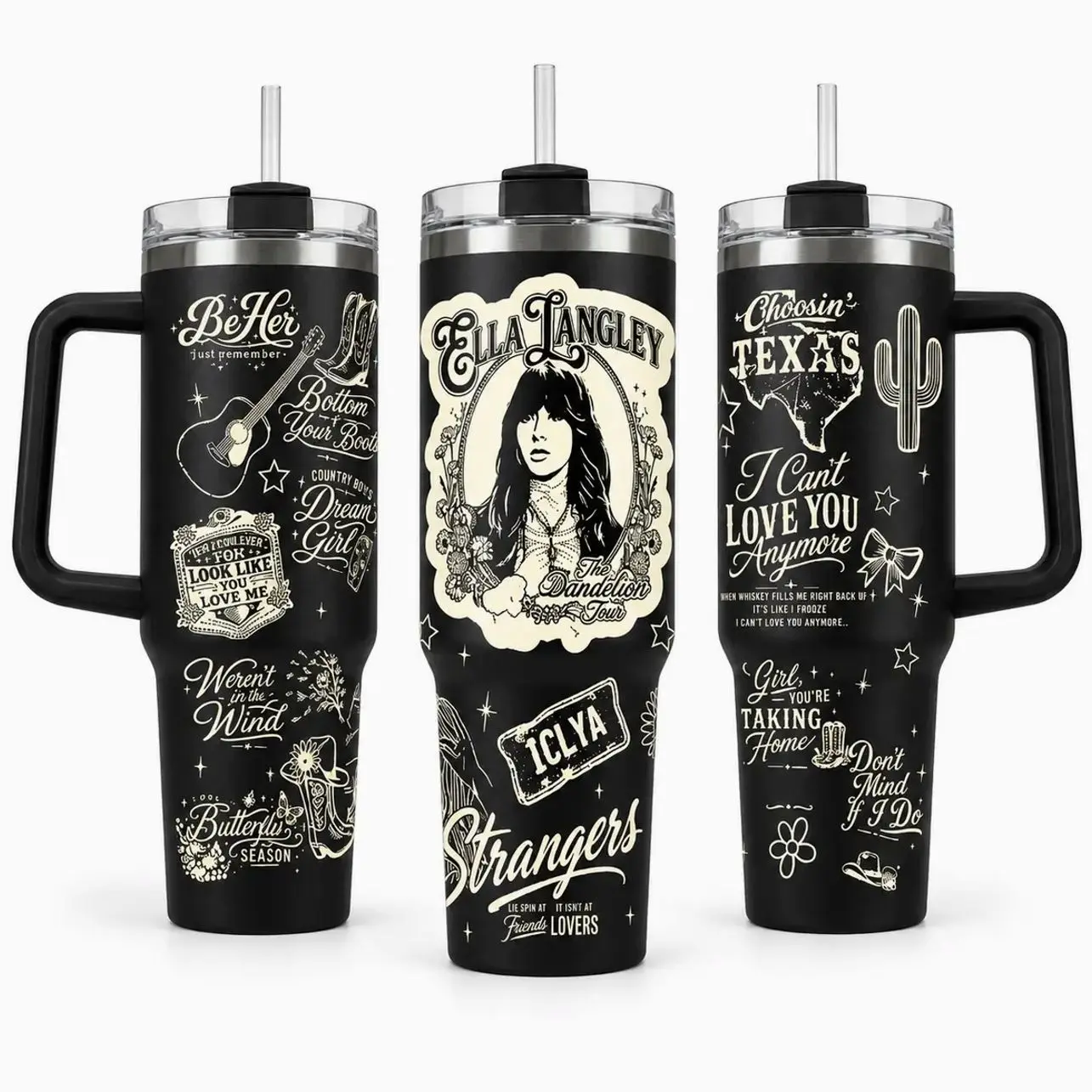 Ella Dandelion Tour Tumbler 30oz 40oz With Handle, Black Cream Country Music Fan Cup With Song Quote Collage Artwork, Western Concert Travel Drinkware Gift, Not Including The Straw Water Bottles Bottles