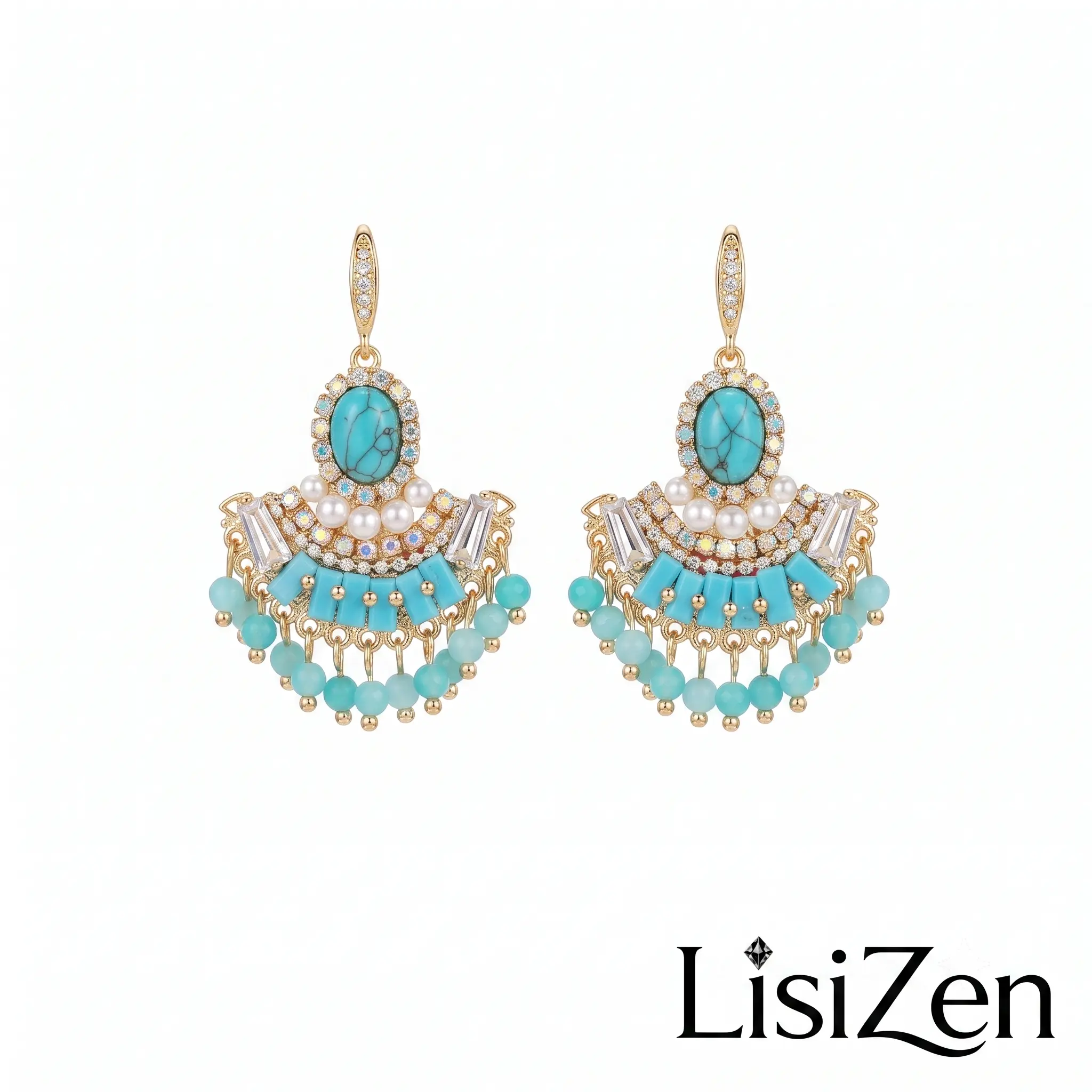 Women's LisiZen Vintage Gold-Plated Turquoise Fan-Shaped Ethnic-Inspired Earrings - Southwestern Geometric Dangle Earrings, Refined, Lightweight, Crafted to Last, Alloy, Turquoise Beads, Daily Wear, Choking Hazard Small Parts Warning, DZEH6135