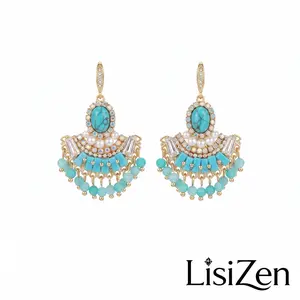 LisiZen Vintage Gold Plated Turquoise Fan Earrings, Southwestern Style Geometric Dangle Earrings DZEH6135