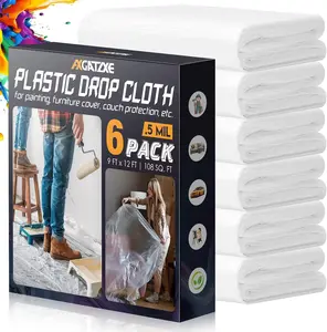 Plastic Drop Cloth 6 Pack 9FT x 12FT – Protective Plastic Sheet for Painting and Furniture Cover