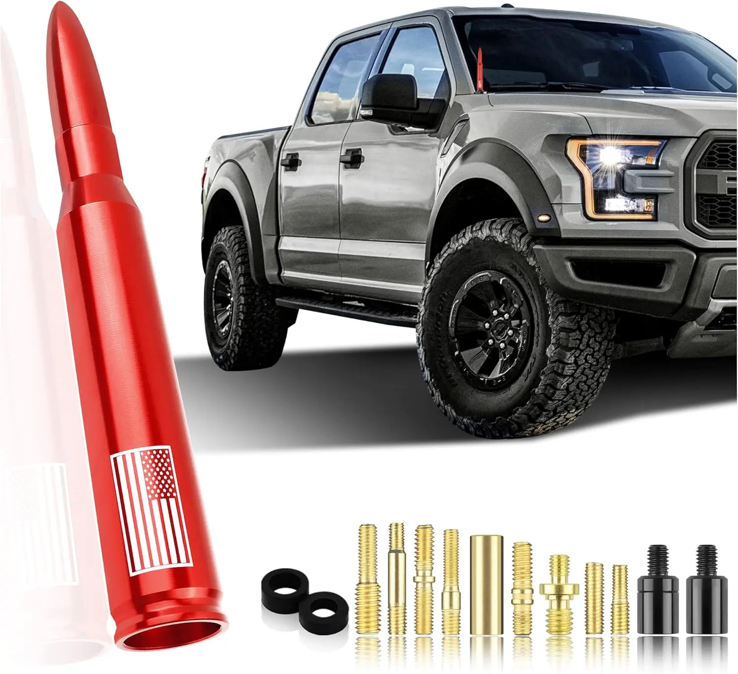 Red Short Bullet Antenna - Stabilized Carbon Fiber T6061 Alloy Truck Accessories, Anti-Theft Car Wash Safe Replacement with Multiple Adapters, 2x Rubber Washers, Strong Signal for Ford F150, RAM, GMC, Cadillac Exterior Automotive Electronic Accessories, C