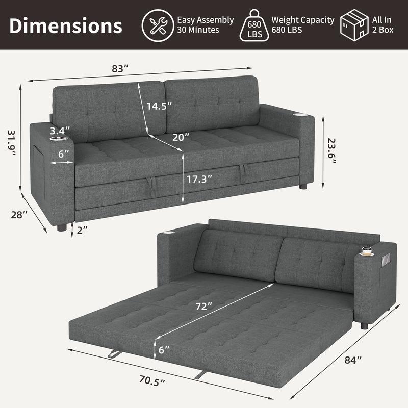 Queen Size 83” Pull-Out Futon Sofa Bed, Thick Upholstered Sleeper Loveseat, Convertible Floor Couch – Dark Grey | HYZQ