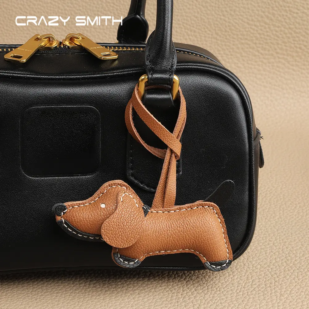 CRAZY SMITH Dachshund Leather Bag Charm - Handmade Full-Grain Goatskin Dog Keychain, Car Accessories, 2.5mm Hand-Stitching, Laser-Cut Edges, Personalizable Initials, Black&Brown/Brown&Black, Cute Purse/Backpack Accessory, Birthday Gift for Lover&Family