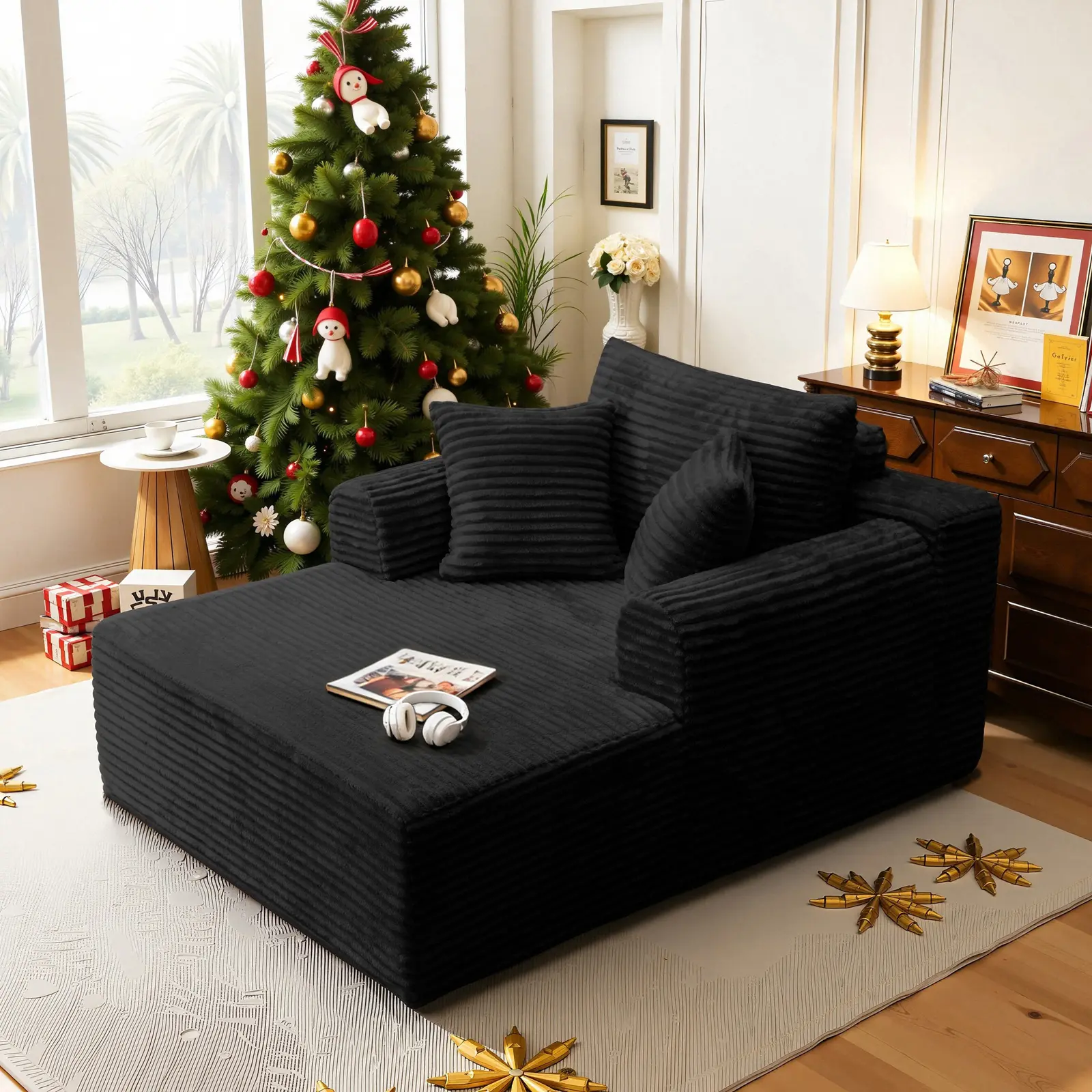 Oversized Chaise Lounge Chair Indoor, Corduroy Upholstered Boneless Sofa Bed, Deep Seat Sleeper Couch Reading Chairs, Cloud Sofas Couches for Living Room, No Assembly Required