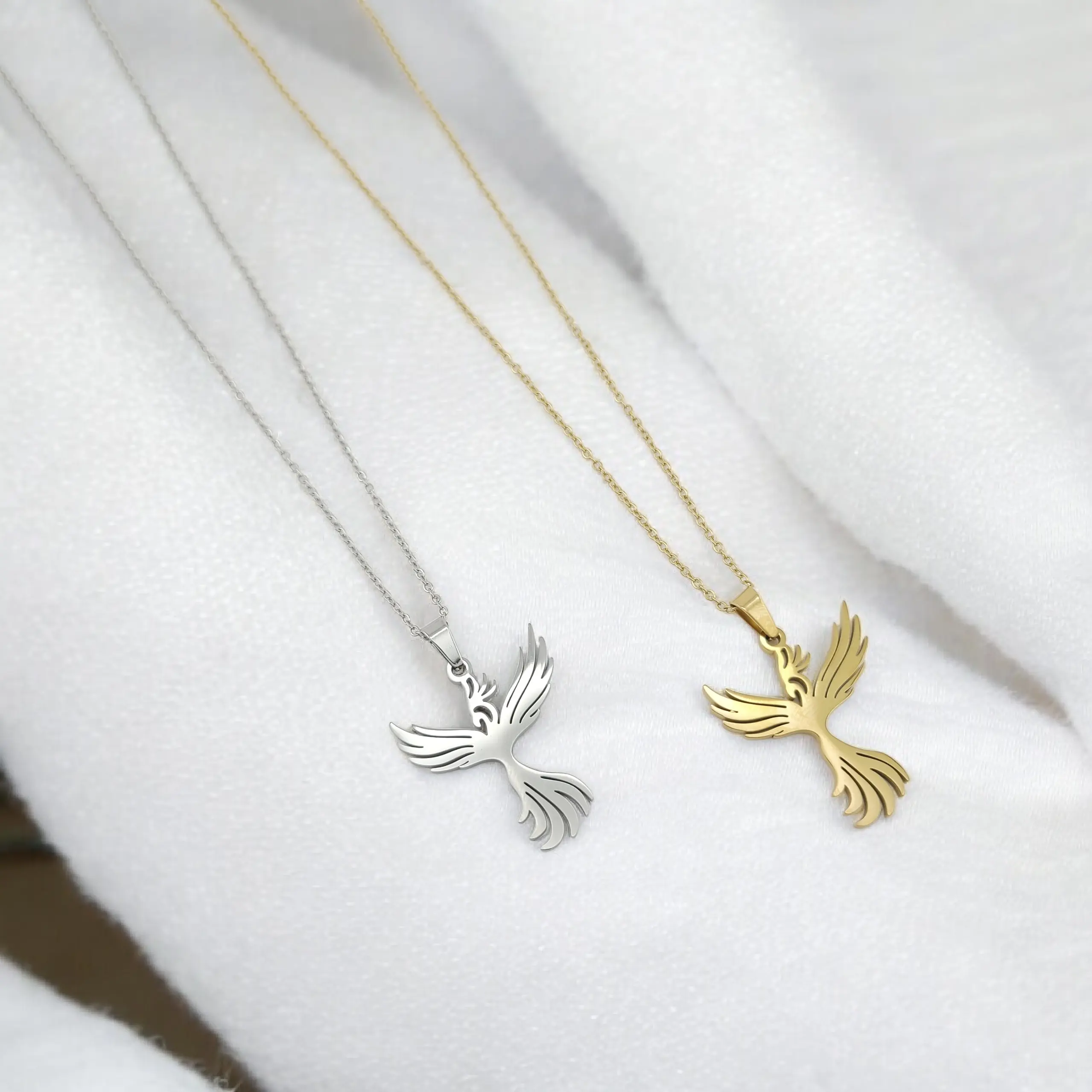 FWJ Elegant Phoenix Necklace for Women, Dainty Gold Plated Stainless Steel Firebird Charm on 1.5mm Rolo Link Chain, Adjustable 15.5"-17.5", Elegant Necklace