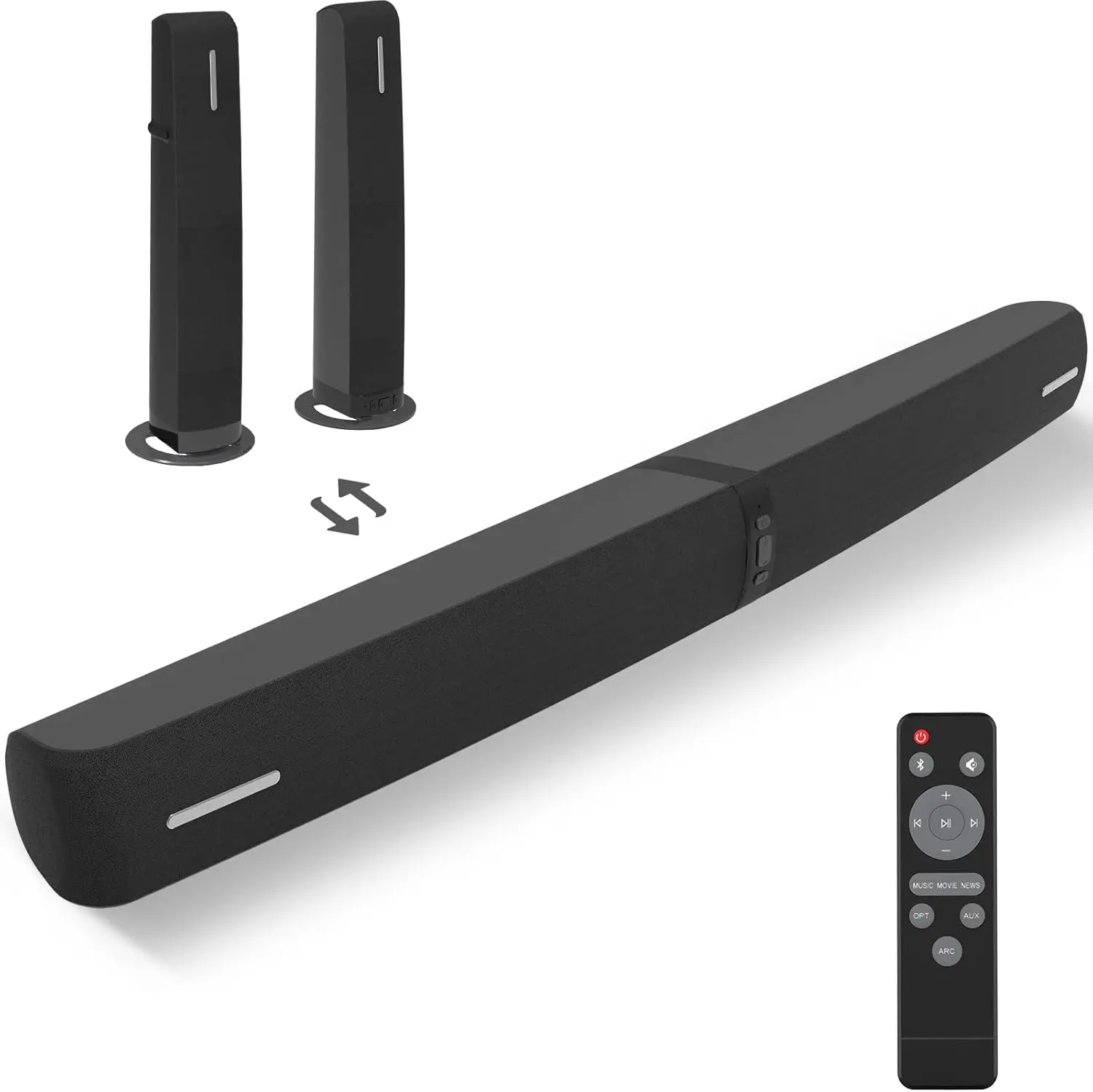 Sound Bar with Subwoofer, 110W Sound Bar for Smart TV with Adjustable Deep Bass & Volume Boost & 3 Equalizer Modes, Bluetooth/ARC/Opt/AUX, Detachable Soundbar for TV/PC/Gaming/Projectors/B