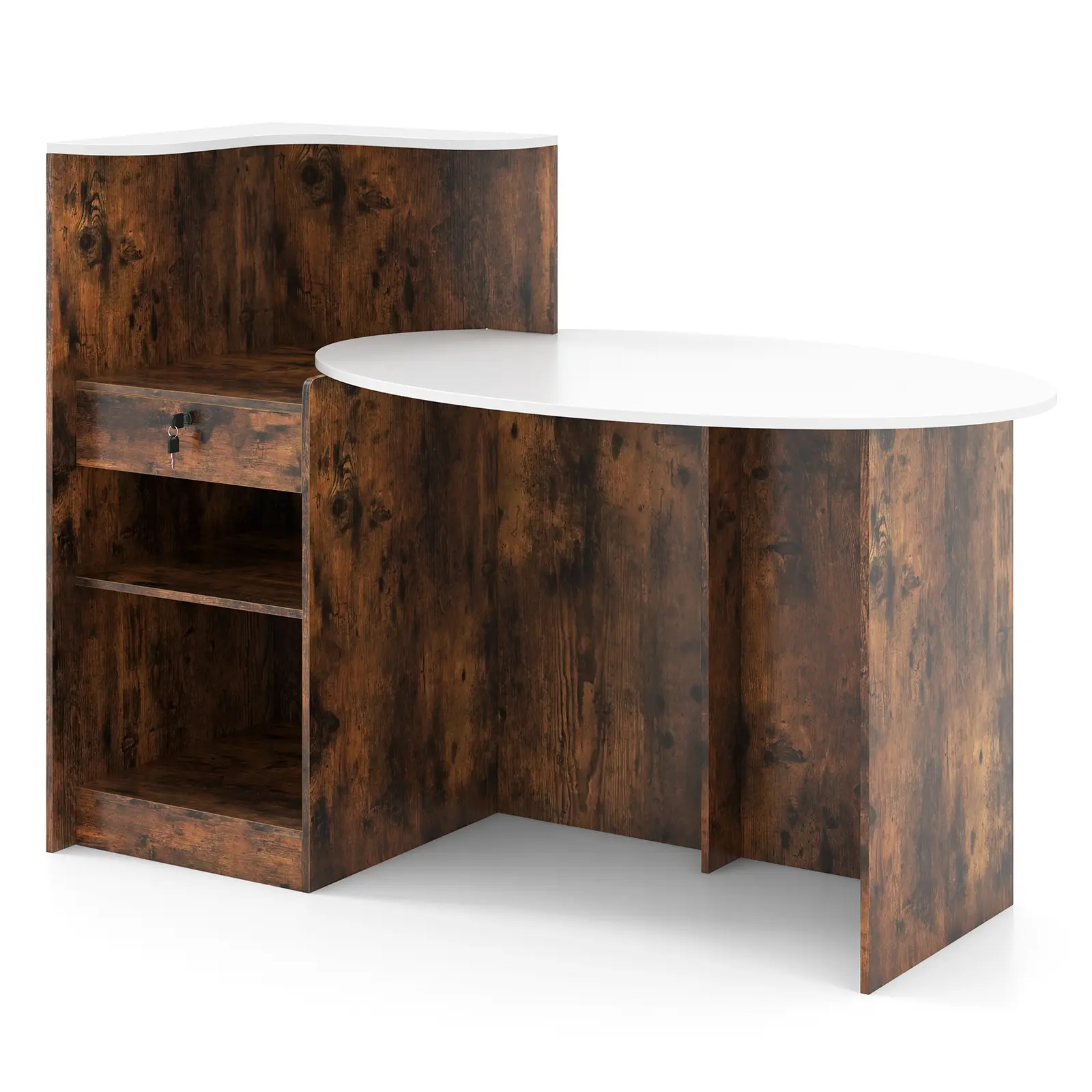 COSTWAY - Modern Reception Desk Front Counter Desk with Oval Tabletop-Rustic Brown