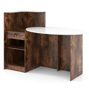 COSTWAY - Modern Reception Desk Front Counter Desk with Oval Tabletop-Rustic Brown