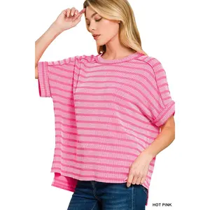 Zenana Raised Rib Striped Exposed Seam Top - Hot Pink