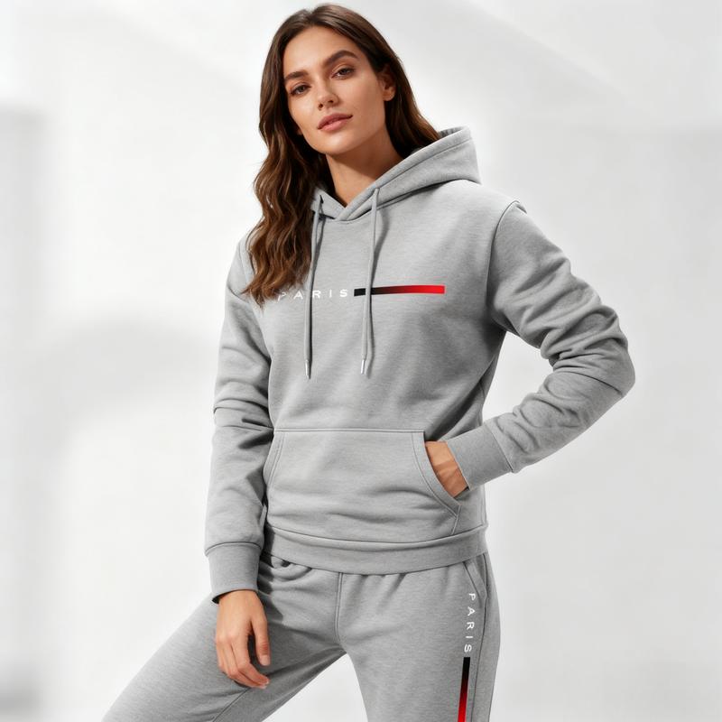 Men's Paris Letter Printed Hoodie & Drawstring Sweatpants Set Casual Athletic 100% Polyester Loose-Fitting Tracksuit for Fall Winter Spring Autumn