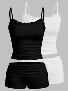 Women's Solid Color Cami Top & Shorts Two-piece Set, Casual Chic Sleeveless Top & Skinny Shorts for Summer, Ladies Clothes for Daily Wear