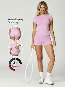 Women's 2-Piece Short Sleeve Gym Shorts Tummy Control High Waisted Workout Set for Summer Sportswear & Casual Outings Sporty Comfy Breathable Athletic Fashion Activewear