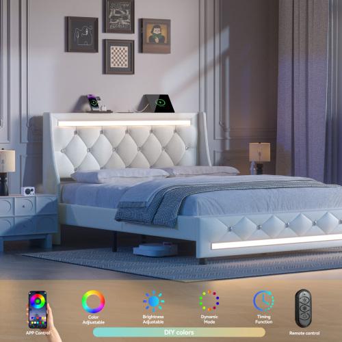 Bellemave Full/Queen Bed Frame with Headboard, Upholstered Platform Bed with Charging Station & LED Lights, Wooden Slats Support, No Box Spring Needed, Noise Free, Luxury Comfort