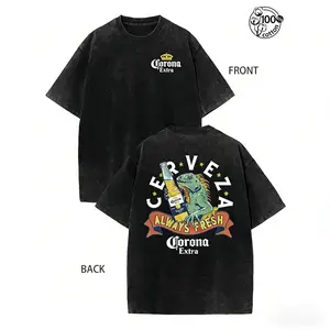 Graphic Tee Featuring Lizard Holding a Beer, "Corona Extra Always Fresh" Print, Retro Washed 230G Pure Cotton, Double-Sided Design, Crew Neck Short Sleeve, Regular Fit, Vintage Streetwear, Unisex Casual Top for Men & Fall Wear