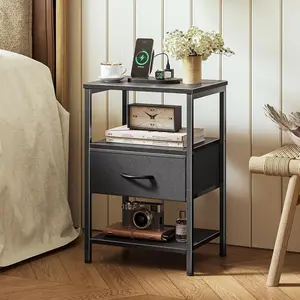 Nightstand with Charging Station, Bed Side Table with Adjustable Fabric Drawer, 3-Tier Storage End Table with USB Port, Type-C and AC Outlets, Bedside Night Stand for Bedroom, Guest Room, Dorm, Apartment and Small Spaces
