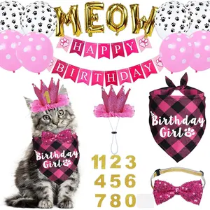 Cat Birthday Party Supplies, Cat Birthday Outfits Cat Birthday Bandana with Cat Birthday Hat Crown Bow Tie Birthday Number Banner Balloons Meow Balloons for Cat Kitten Birthday Decorations