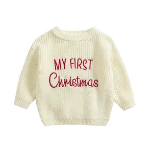 Newborn Baby Girl Boy My First Christmas Knit Sweater Letter Embroidery Long Sleeve Pullover Tops Infant Winter Clothes