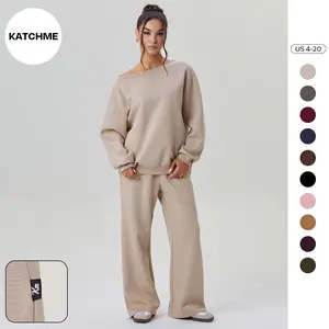 KatchMe Women's Leisure Solid Sloping Shoulder Long Sleeve Top & Wide Leg Trousers Co-ord, Cozy Slouchy Scoop Neck Two Piece Outfits for Fall & Spring (CN)