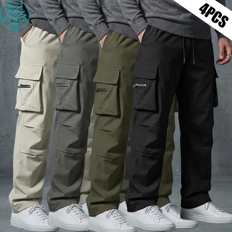 Pack of 4 men’s cargo casual athletic pants — 100% polyester, regular straight fit, multifunctional pocket design, machine washable, comfortable for all seasons, suitable for workouts and everyday wear.