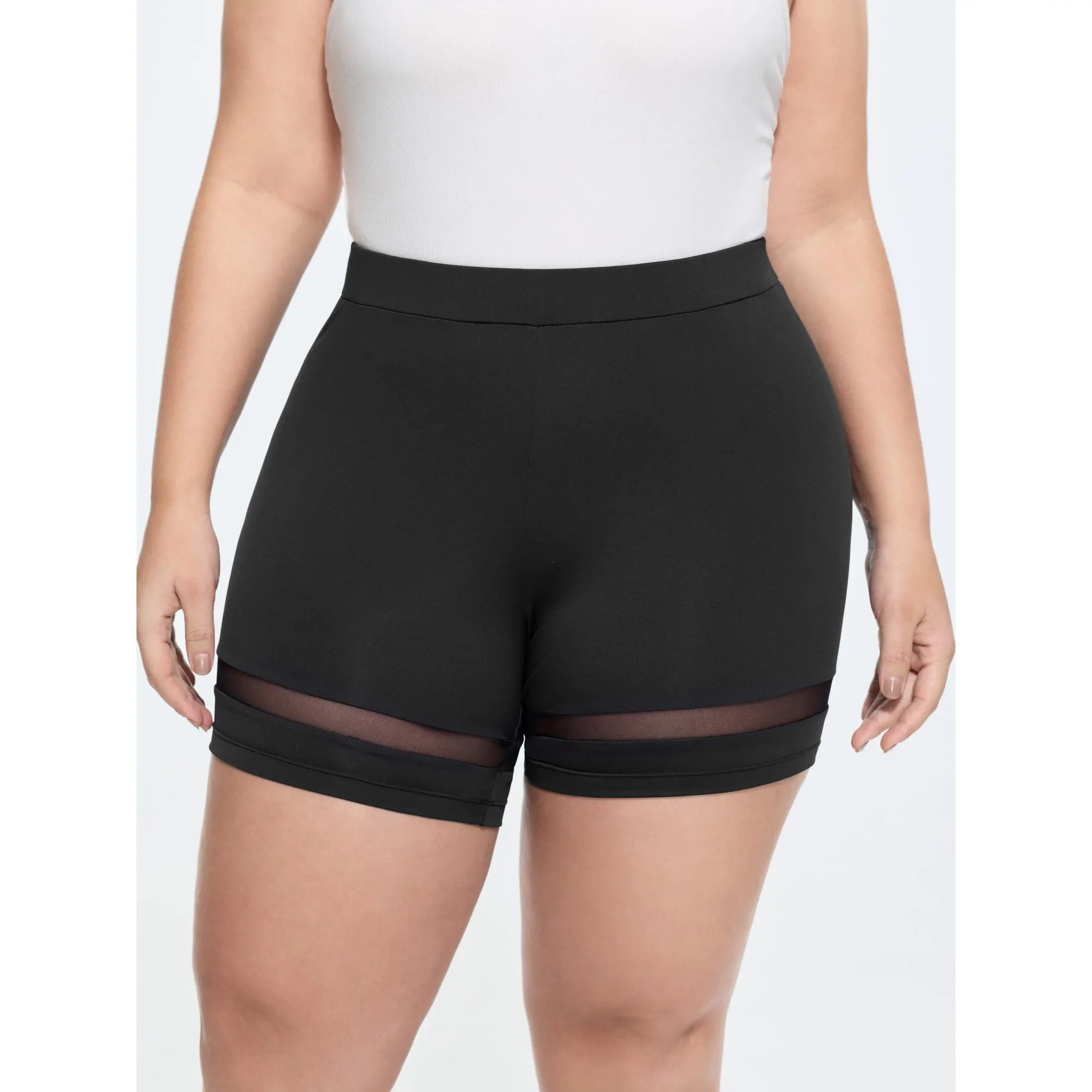 BLOOMCHIC Women's Plus Size Mid-Rise Basic Solid Polyester Spandex Short Leggings [M-6X] - Leisure Wear, Sheer Mesh Panel, 2026 Summer Swimweek Vibes, Flattering Fit, Quality Fabric, Shopping Deals Today, Womenswear Bottoms, Waist: Mid Rise, Plus Size Sho