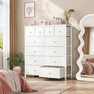 Raybee Furniture 12 Drawers Dresser, Tall Fabric Storage Dresser for Bedroom with Wood Top & Metal Frame, Large Capacity Chest of Drawers & Space Saving Organizer, Multi-Functional Modern Home Organization Furniture for Living Room, Hallway, Closet