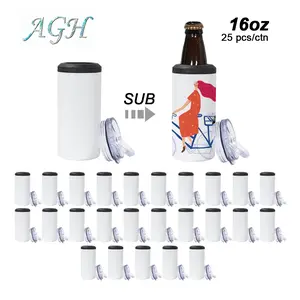 AGH 25pcs 16 oz 4 in 1 Can Cooler Tumbler Sublimation Blank Straight Cup Stainless Steel Insulated Cooler Bottle Drinkware Flasks Plastic Mug