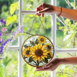 Sunflowers and Bees Stained Glass Suncatcher, Floral Window Decor, Handmade Nature Art, Pollinator Gift, Buzzing Bee Ornament, Bright Accent