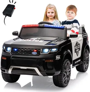 Black 12V Kids Ride On Police Car With Sirens Flashing Lights Remote Control Usb Music Spring Suspension And Retractable Handle For Toddlers Black